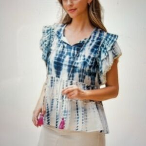 THML Tie Dye Boho Crochet Tassel Blouse Blue NWT XL